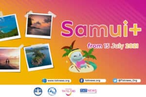 Logo des Samui Plus Models mit Fotos von den Inseln Koh Samui, Koh Phangan und Koh Tao