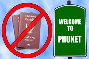 Willkommen auf Phuket Schild und die Abbildung thailaendischer Reisepaesse