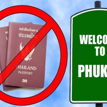 Willkommen auf Phuket Schild und die Abbildung thailaendischer Reisepaesse