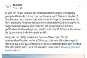 Fremdenverkehrsamt von Thailand gibt den Wegfall der Quarantäne auf den Sandbox Routen bekannt.