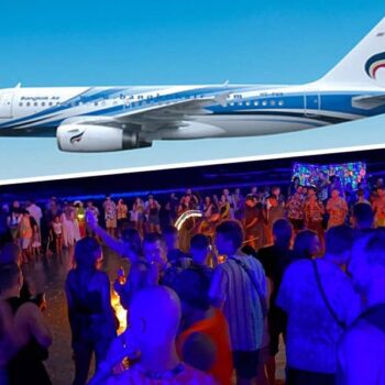 Ein Flugzeug der Bangkok Airways und Bilder von feiernden Personen bei der Full Moon Party auf Koh Phangan
