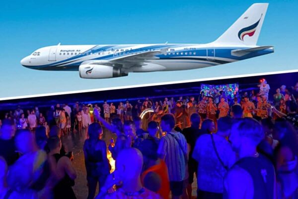 Ein Flugzeug der Bangkok Airways und Bilder von feiernden Personen bei der Full Moon Party auf Koh Phangan