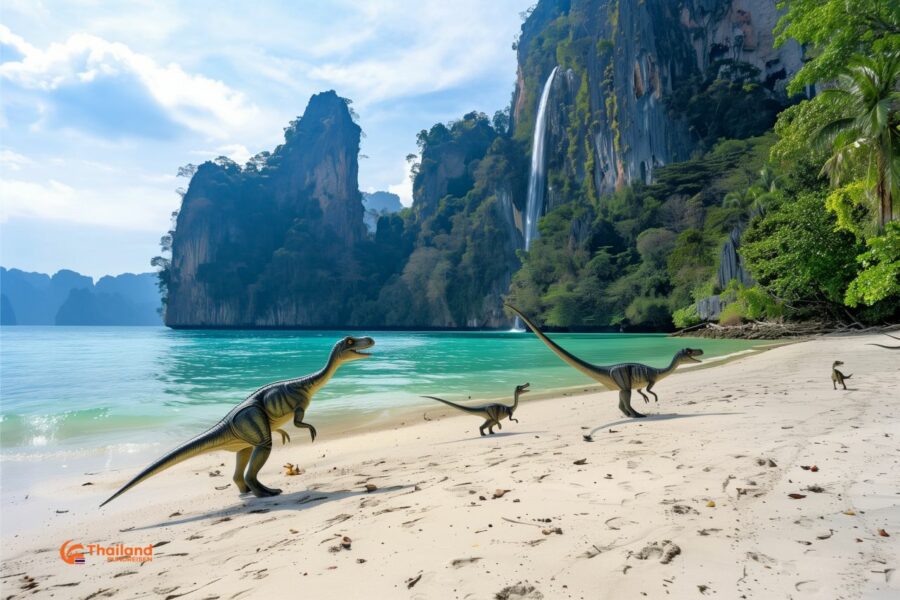 Dinosaurier an der Küste von Krabi in Thailand, ein Drehort von Jurassic World 4