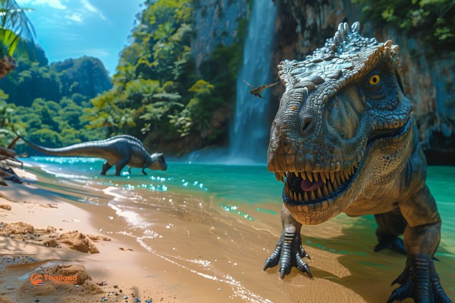 Dinosaurier in Krabi, Thailand, vor dem Huai To Wasserfall, ein Drehort von Jurassic World 4
