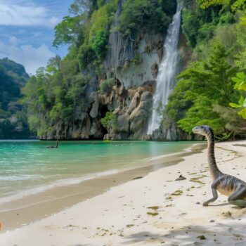 Dinosaurier am Strand von Krabi in Thailand, ein Drehort von Jurassic World 4