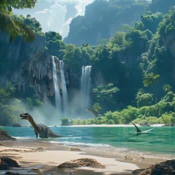 Dinosaurier am Wasserfall in Thailand, ein Drehort von Jurassic World 4