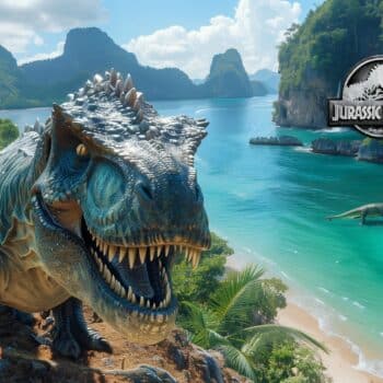 Dinosaurier am Strand von Koh Kradan in Thailand, ein Drehort von Jurassic World 4