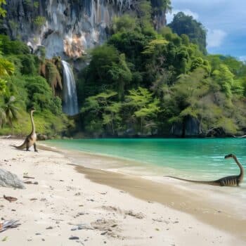 Dinosaurier am Wasserfall in Thailand, ein Drehort von Jurassic World 4