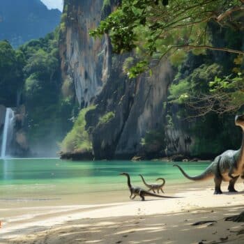 Dinosaurier am Krabi Wasserfall in Thailand, ein Drehort von Jurassic World 4