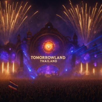 Tomorrowland Thailand 2026 in Chonburi – hyperrealistisches Hero-Bild mit Mainstage, Feuerwerk und tausenden Festivalbesuchern