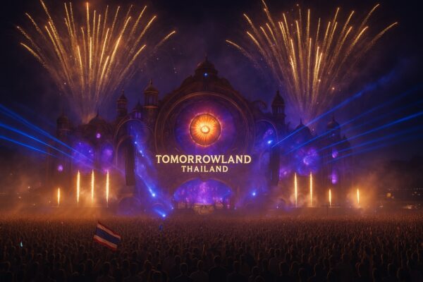 Tomorrowland Thailand 2026 in Chonburi – hyperrealistisches Hero-Bild mit Mainstage, Feuerwerk und tausenden Festivalbesuchern