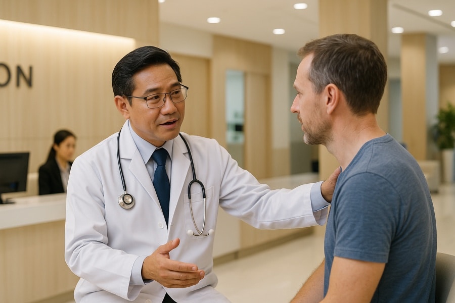 Thailändischer Arzt berät europäischen Patienten in einer modernen Privatklinik in Bangkok – medizinische Versorgung und Impfungen in Thailand