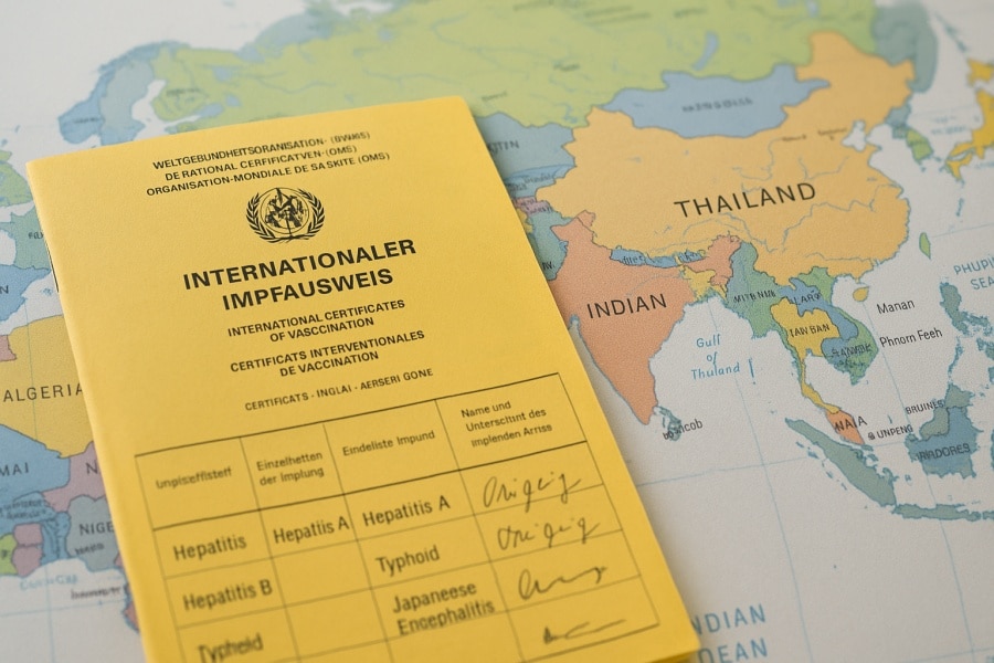Internationaler Impfpass mit eingetragenen Reiseimpfungen liegt auf einer Landkarte von Thailand – Pflicht- und empfohlene Impfungen 2026