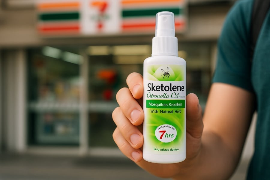 Sketolene Mückenschutz-Spray vor einem 7/11-Shop in Thailand – effektiver Schutz vor Mückenstichen, Dengue und Malaria
