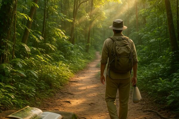 Backpacker mit Rucksack wandert durch den Dschungel in Thailand – Tipps zu Impfungen, Gesundheit und Mückenschutz