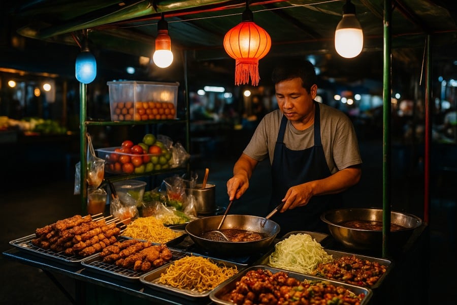 Thailändischer Streetfood-Verkäufer bereitet Speisen an einem Marktstand zu – Hinweis auf Hygiene und Typhus- sowie Hepatitis-A-Impfungen in Thailand